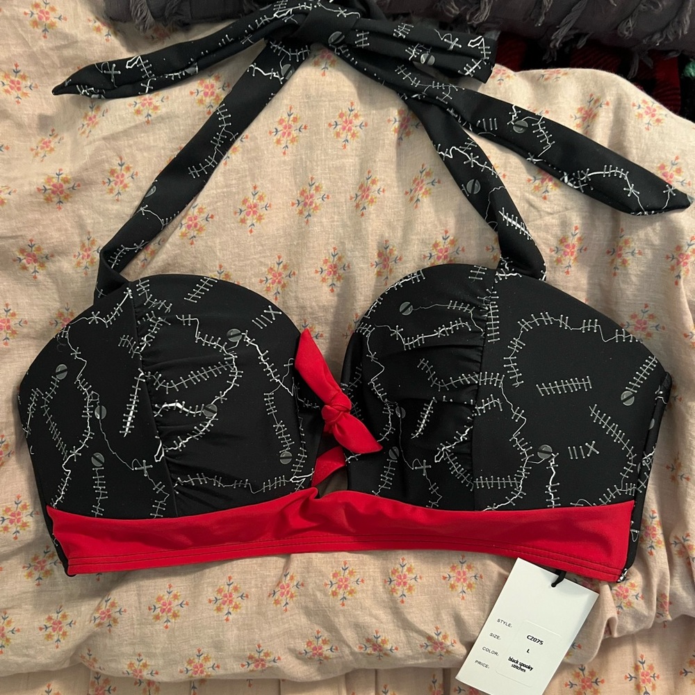 Large Unique Vintage Black Spooky Stitches Mrs. West Swim Top